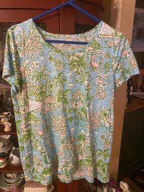 Tropical Print Short Sleeve Tee in Light Blue, Pink & Green